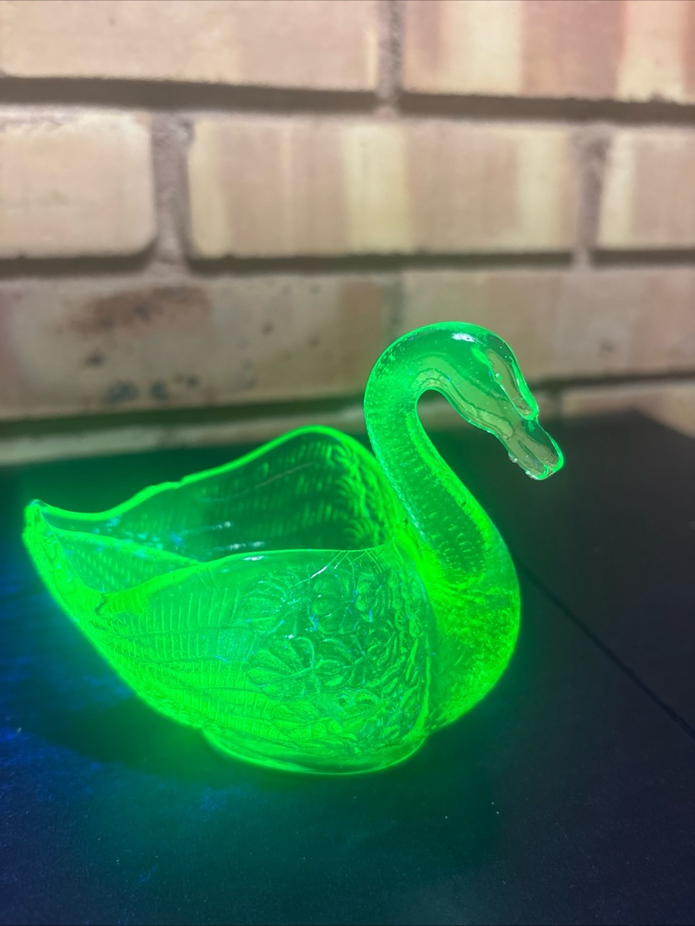 Vintage Uranium Glass Swan - 4" Green Carnival Glass Swan Dish